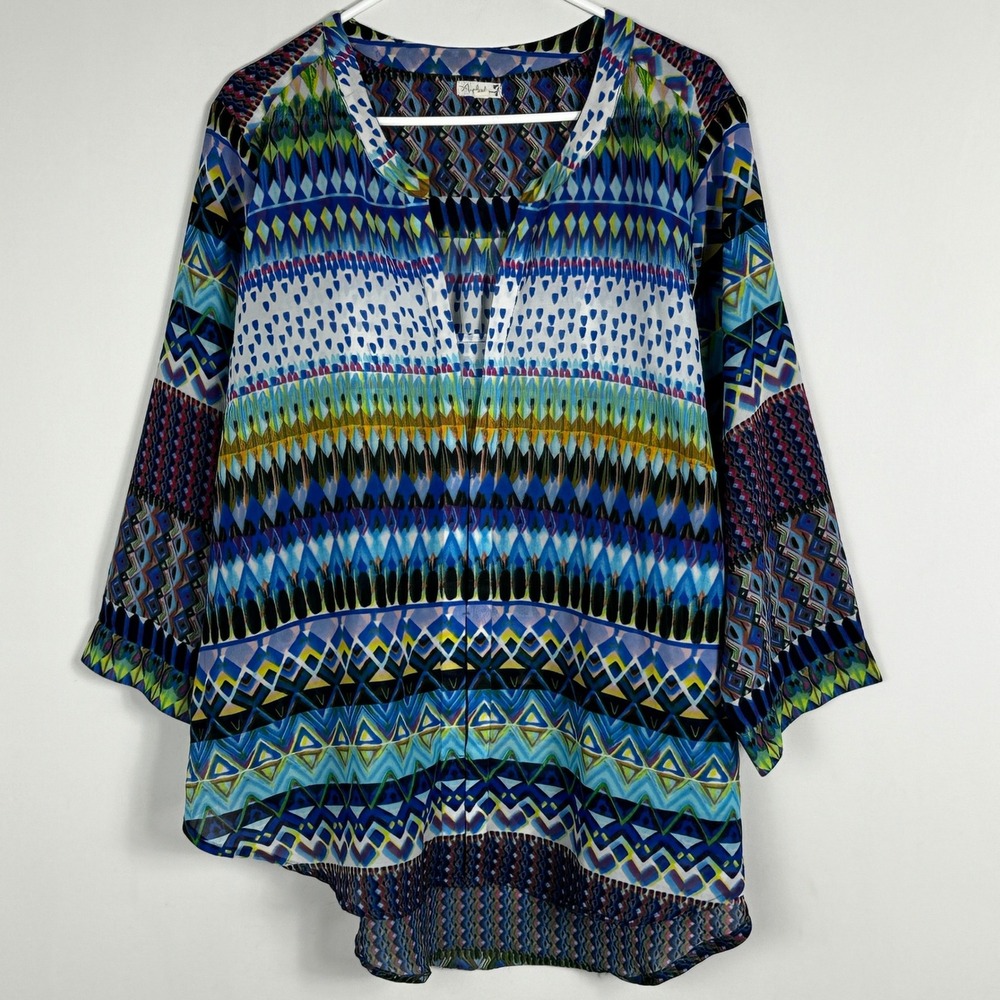 Antilia‎ Femme Multicolour V-Neck Sheer Top Womens Sz 2X Blouse Boho Wide Sleeve